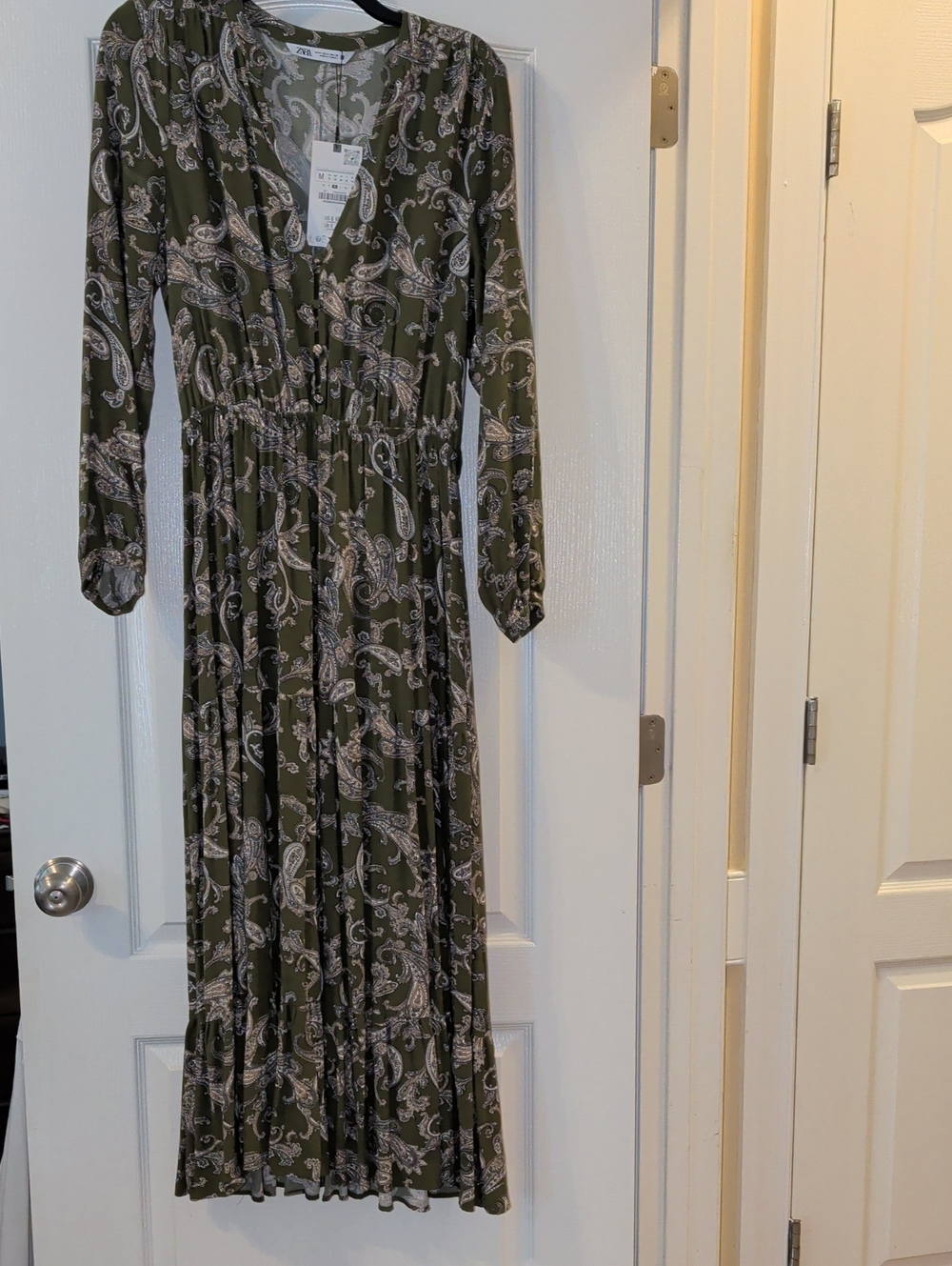 Zara Olive and White Paisley Long Sleeve Maxi Dress